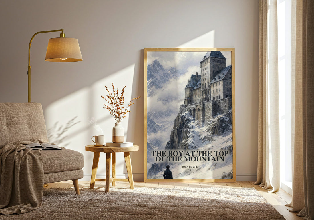 The Boy at the Top of the Mountain watercolour print in frame leaning in hallway – historical fiction wall art