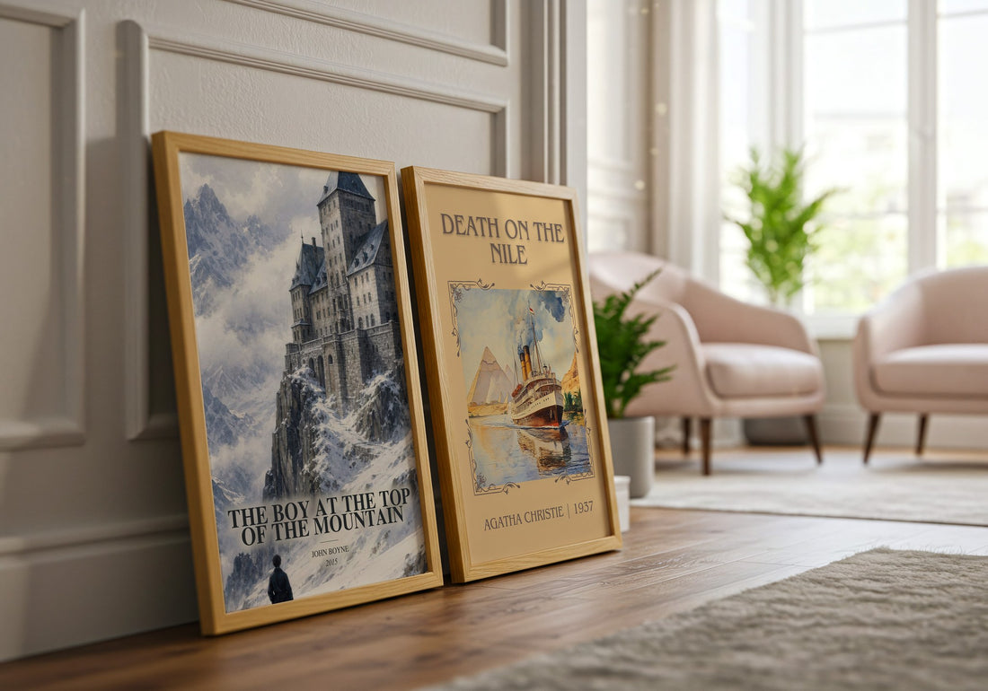 The Boy at the Top of the Mountain watercolour print framed by window – literary home decor