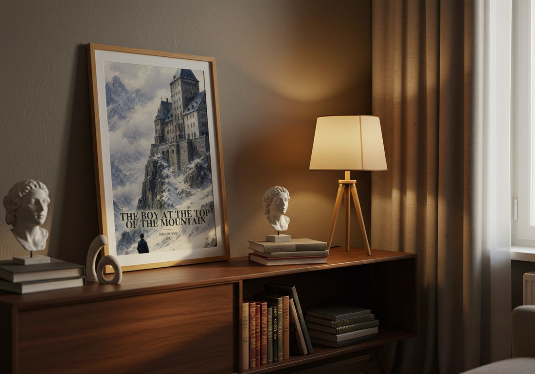 The Boy at the Top of the Mountain watercolour print on bookshelf – John Boyne fan gift