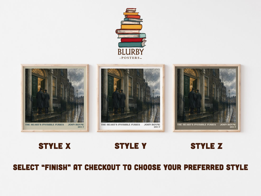 The Heart's Invisible Furies literary print in frame leaning in hallway – contemporary fiction wall art (mockup)