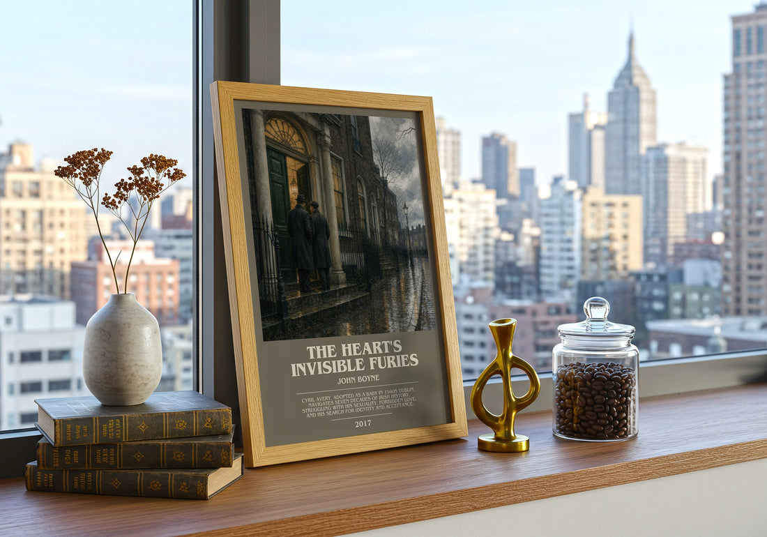The Heart's Invisible Furies bookish print framed by window – literary home decor