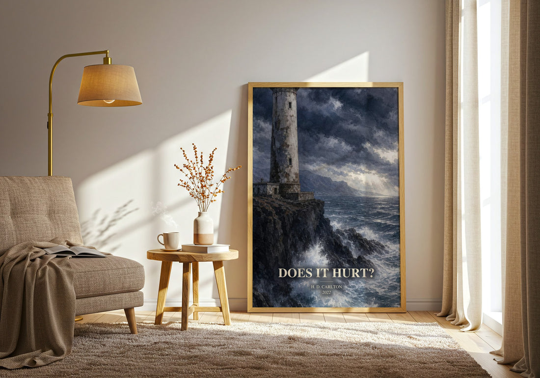 Does It Hurt? watercolour print in frame leaning in hallway – contemporary fiction wall art