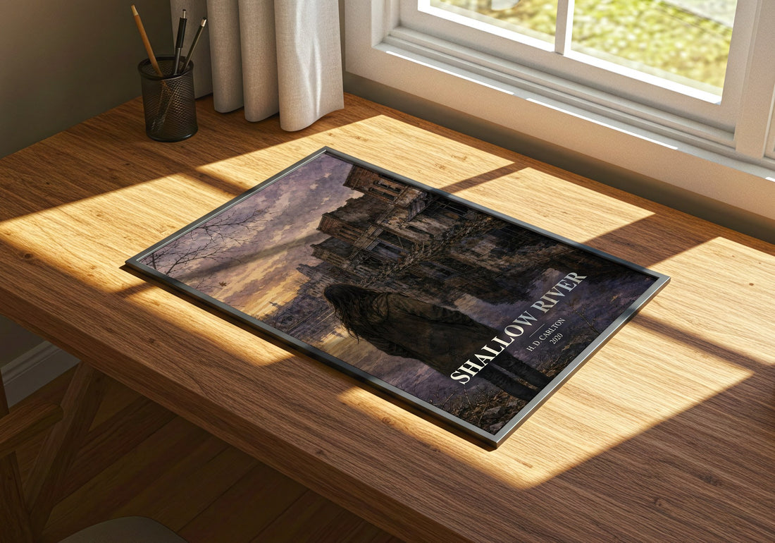 Shallow River watercolour book poster framed on wall – contemporary fiction wall art