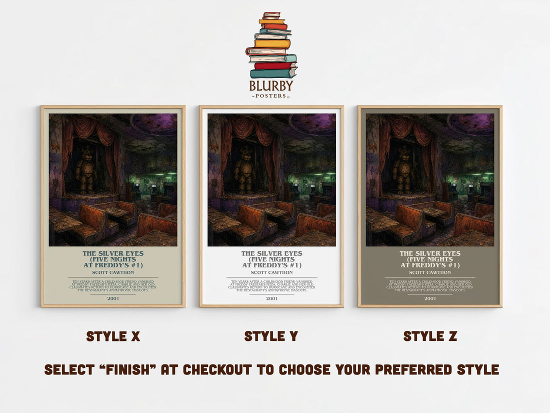The Silver Eyes (Five Nights At Freddy's #1) bookish print in frame leaning in hallway – horror wall art (mockup)