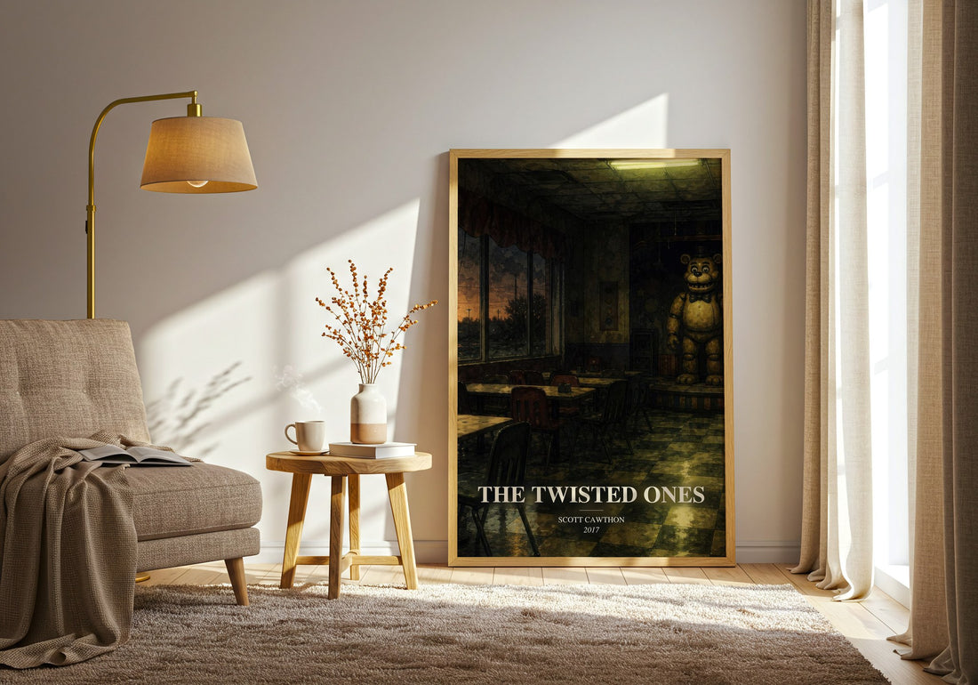 The Twisted Ones watercolour print in frame leaning in hallway – horror wall art
