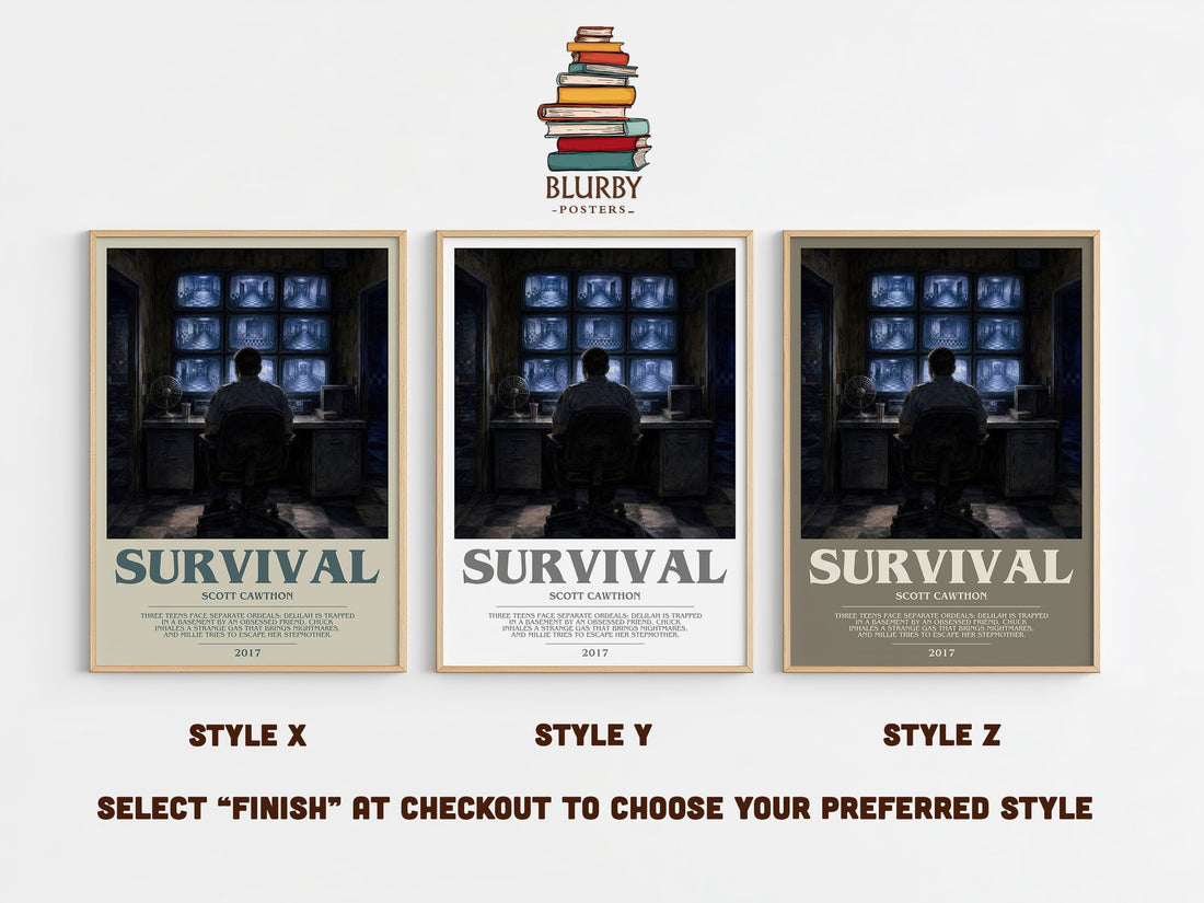 Survival bookish print in frame leaning in hallway – horror wall art (mockup)