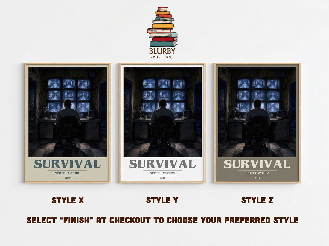 Survival book cover print in frame leaning in hallway – horror wall art (mockup)