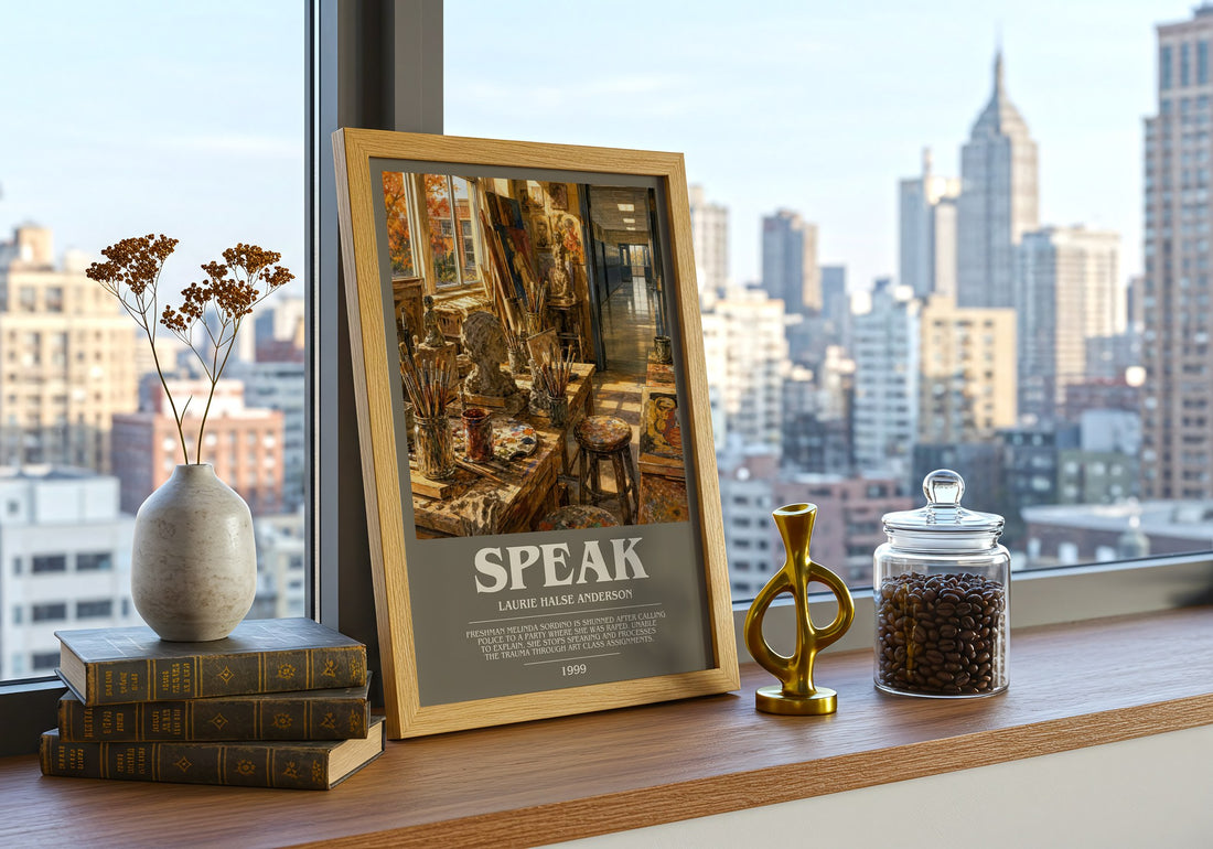 Speak bookish print framed by window – literary home decor