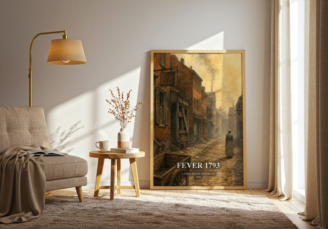 Fever 1793 watercolour print in frame leaning in hallway – historical fiction wall art
