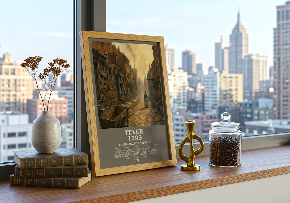 Fever 1793 bookish print framed by window – literary home decor