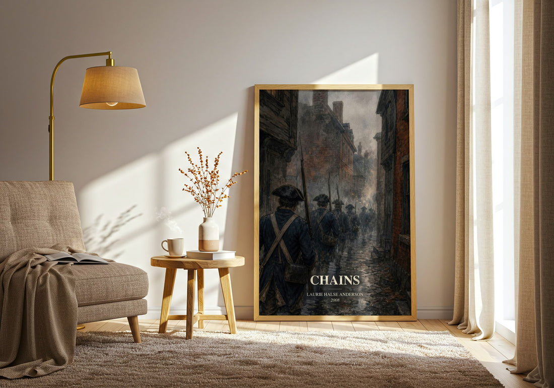 Chains watercolour print in frame leaning in hallway – historical fiction wall art