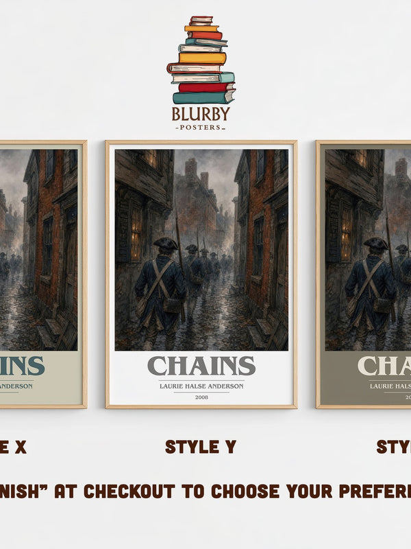 Chains book cover print in frame leaning in hallway – historical fiction wall art