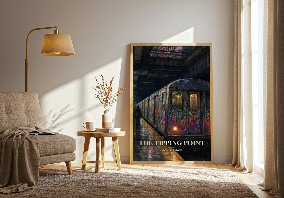 The Tipping Point watercolour print in frame leaning in hallway – non fiction wall art