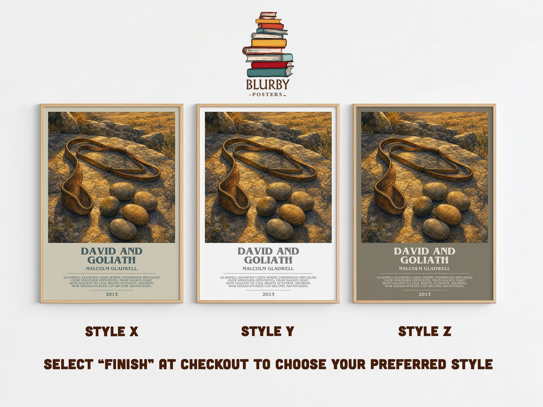 David and Goliath bookish print in frame leaning in hallway – non fiction wall art (mockup)