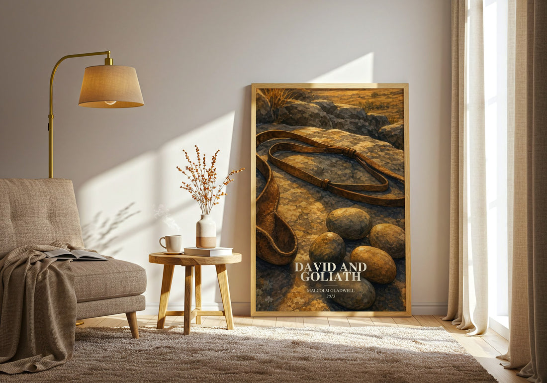 David and Goliath watercolour print in frame leaning in hallway – non fiction wall art