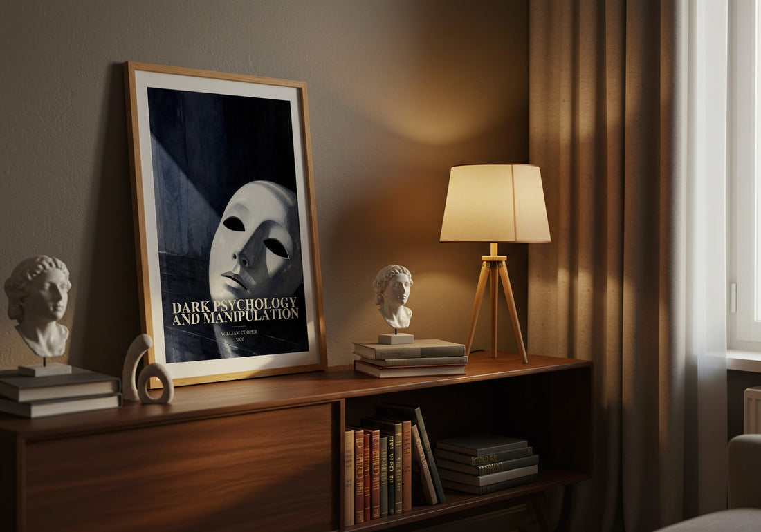 Dark Psychology and Manipulation watercolour print on bookshelf – William Cooper fan gift