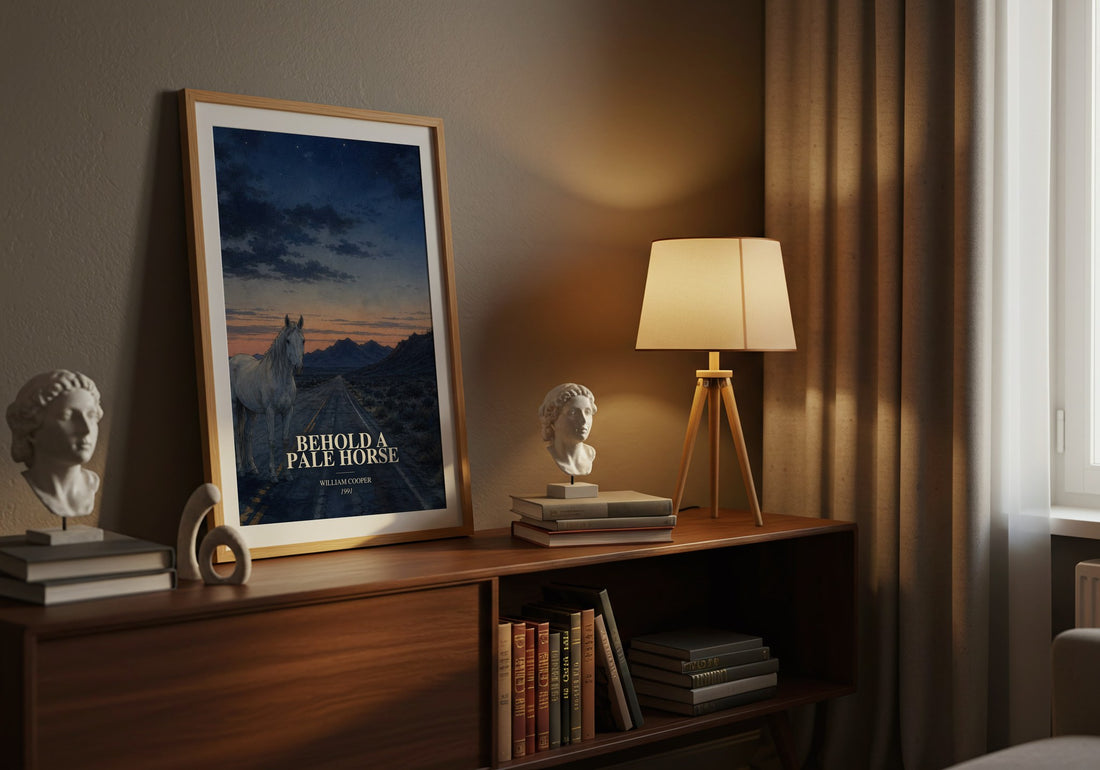 Behold a Pale Horse watercolour print on bookshelf – William Cooper fan gift