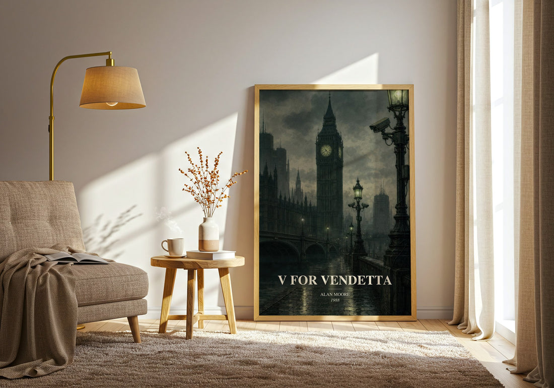 V for Vendetta watercolour print in frame leaning in hallway – dystopian wall art