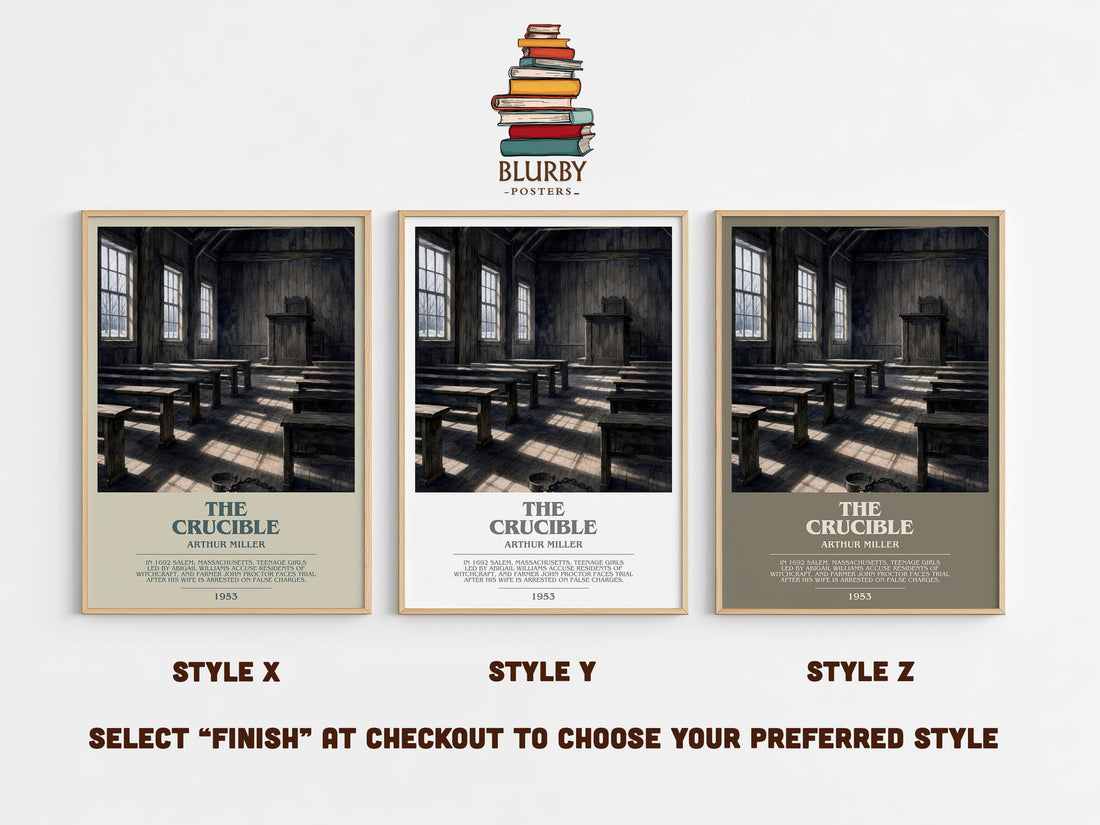 The Crucible bookish print in frame leaning in hallway – historical fiction wall art (mockup)