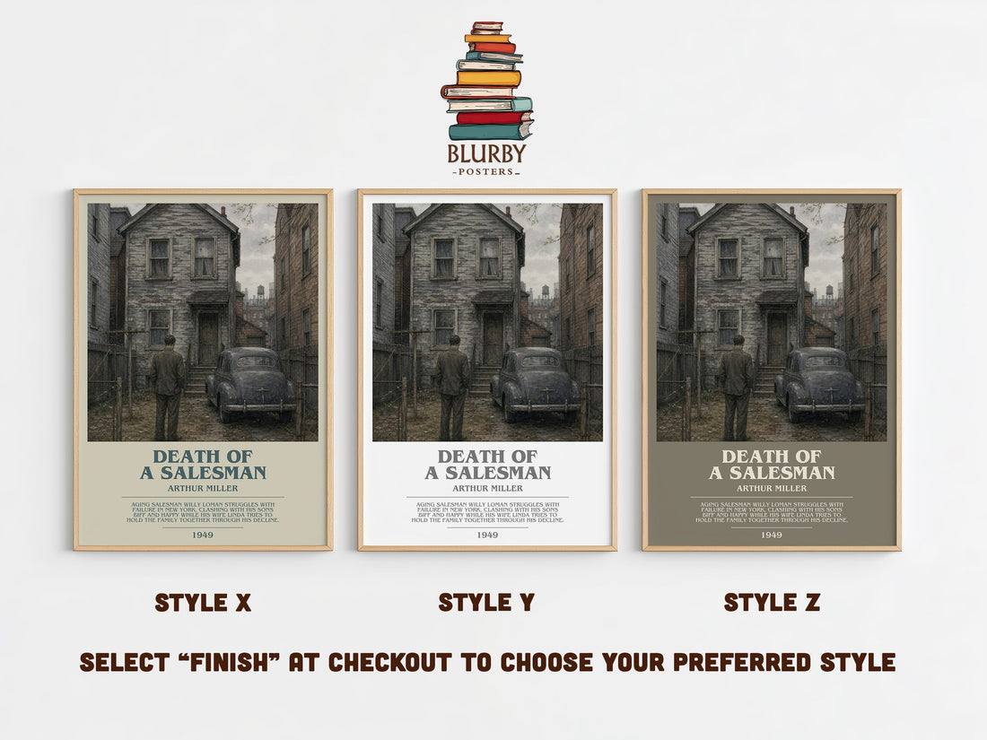 Death of a Salesman bookish print in frame leaning in hallway – literary fiction wall art (mockup)