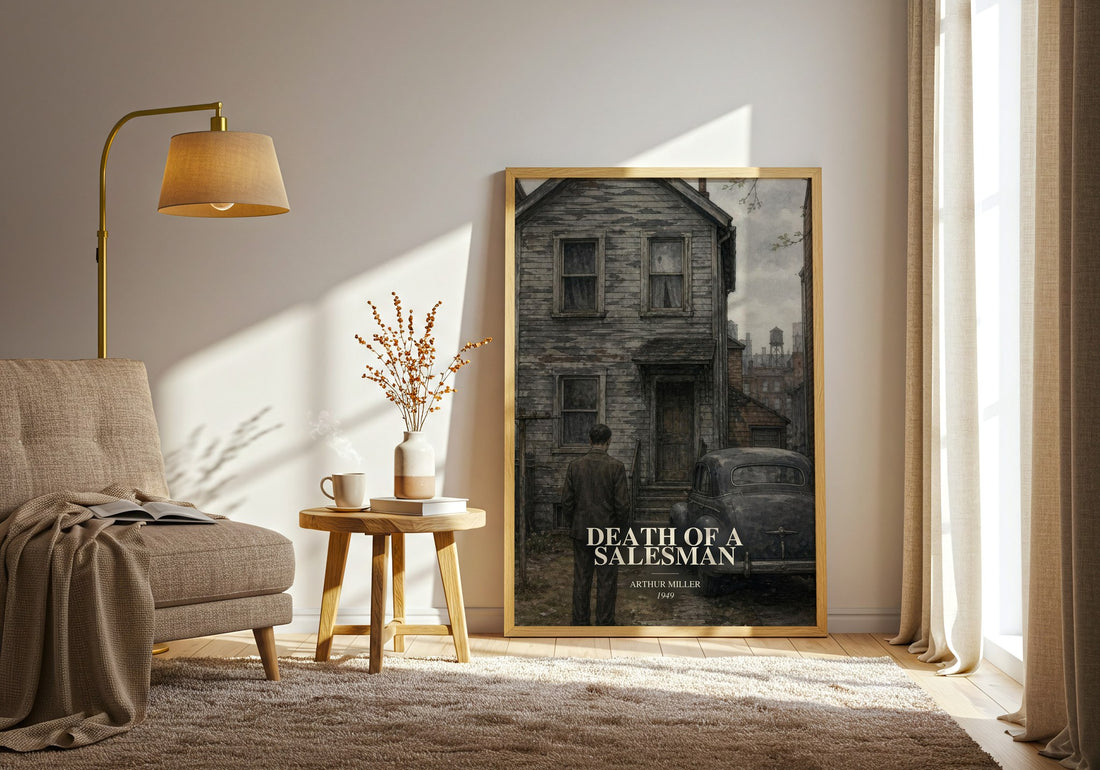 Death of a Salesman watercolour print in frame leaning in hallway – literary fiction wall art