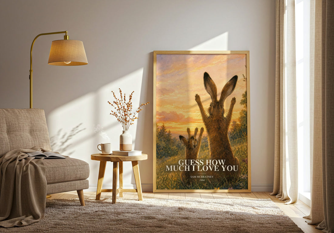 Guess How Much I Love You watercolour print in frame leaning in hallway – childrens wall art