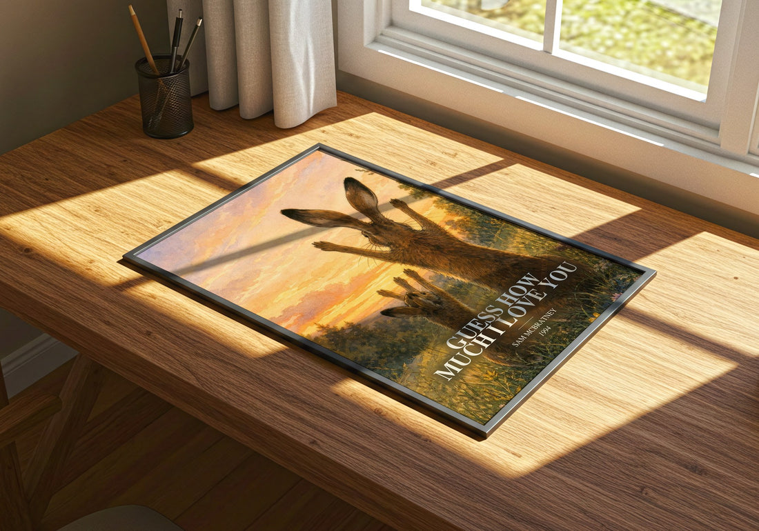 Guess How Much I Love You watercolour book poster framed on wall – childrens wall art