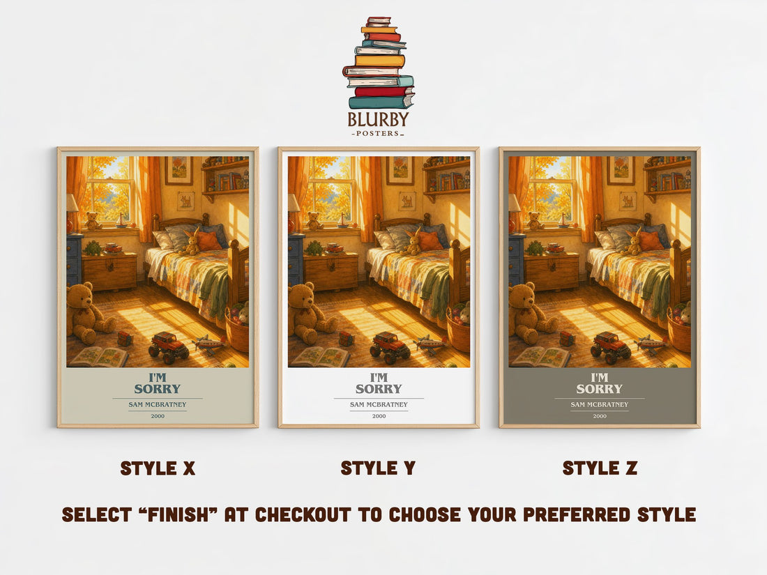 I'm Sorry book cover print in frame leaning in hallway – childrens wall art (mockup)