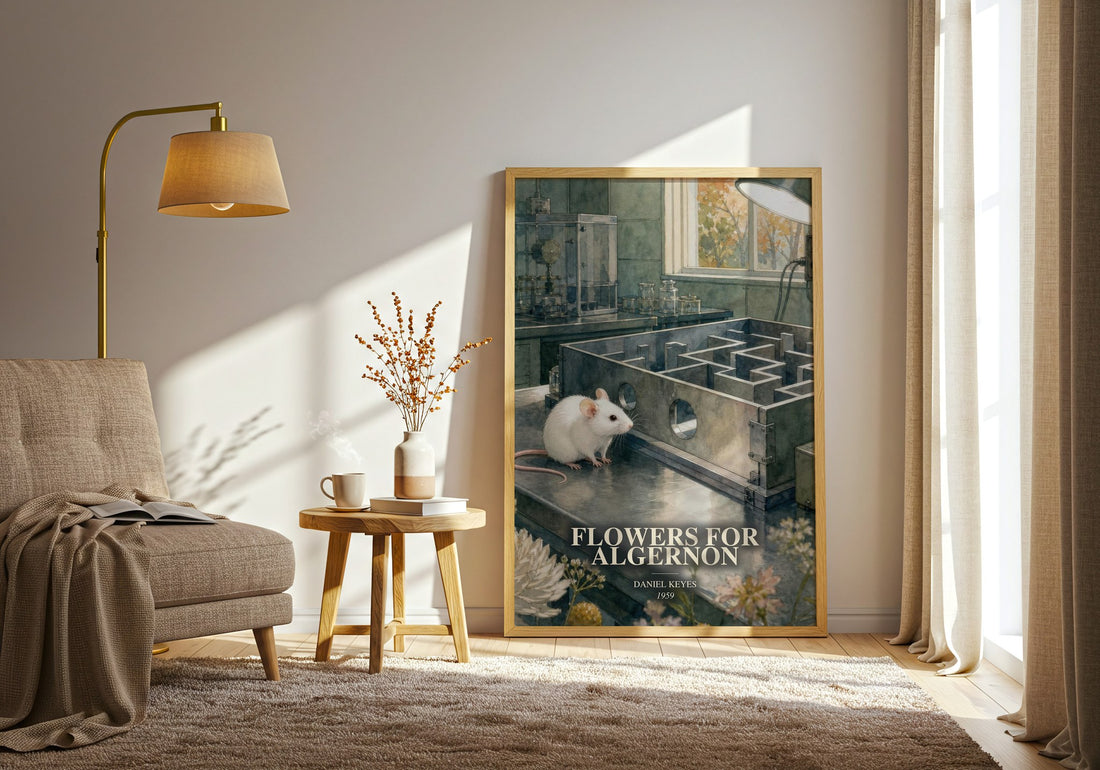 Flowers for Algernon watercolour print in frame leaning in hallway – sci fi wall art