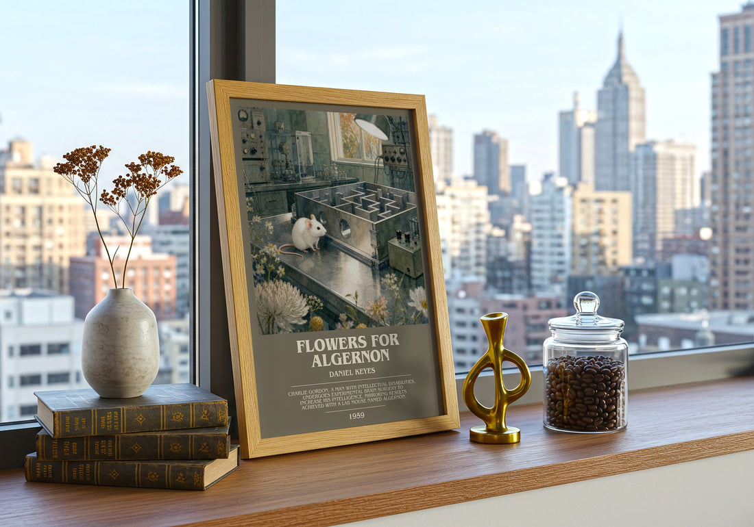 Flowers for Algernon bookish print framed by window – literary home decor