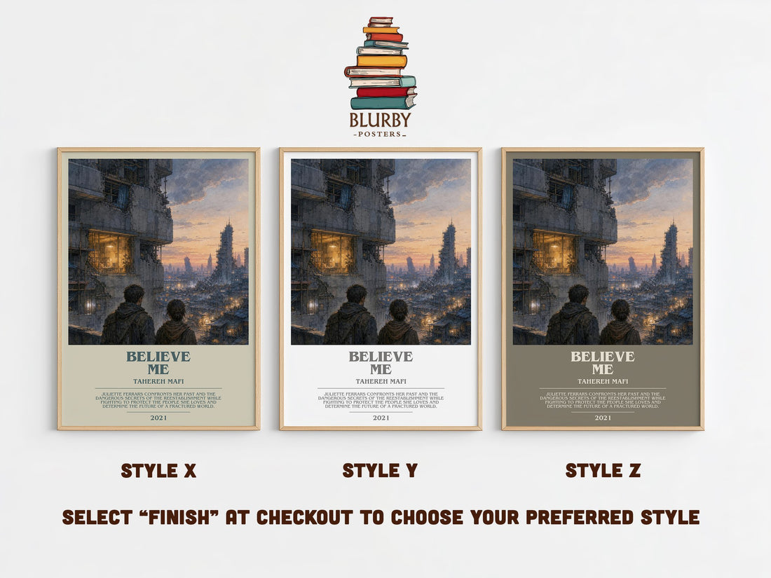 Believe Me bookish print in frame leaning in hallway – thriller wall art (mockup)