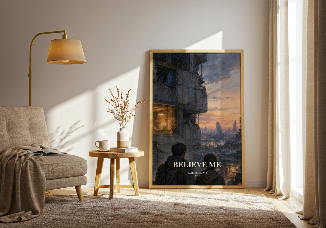 Believe Me watercolour print in frame leaning in hallway – thriller wall art