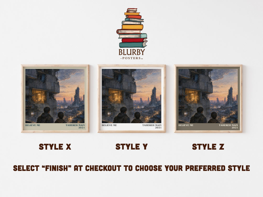 Believe Me literary print in frame leaning in hallway – thriller wall art (mockup)
