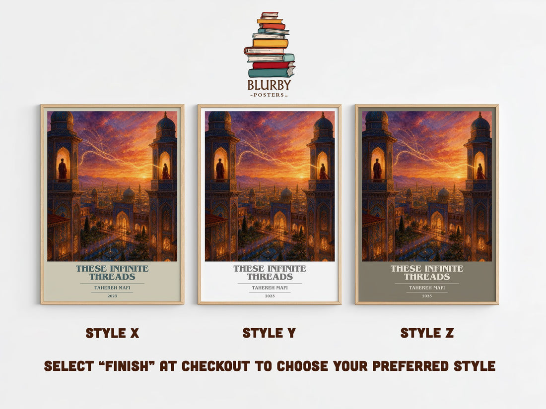 These Infinite Threads book cover print in frame leaning in hallway – fantasy wall art (mockup)