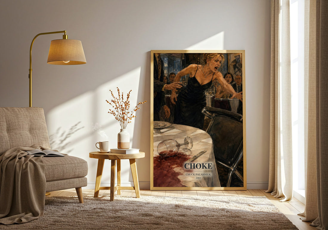 Choke watercolour print in frame leaning in hallway – contemporary fiction wall art