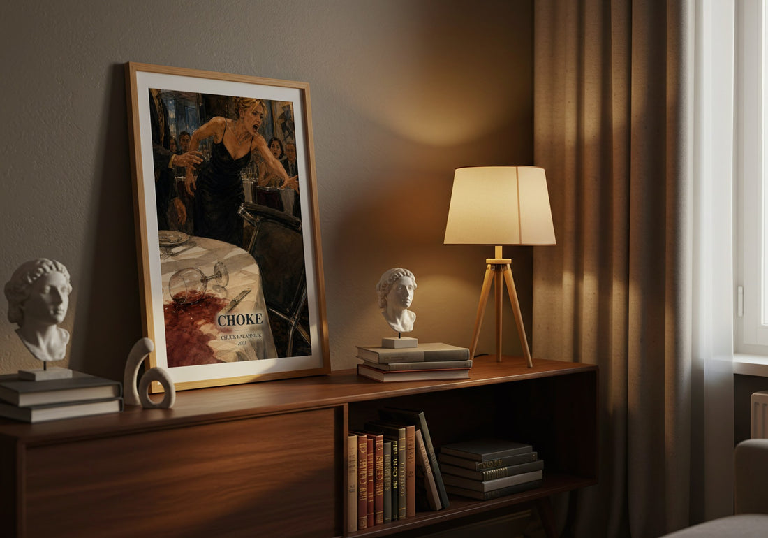 Choke watercolour print on bookshelf – Chuck Palahniuk fan gift