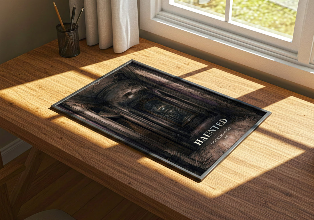 Haunted watercolour book poster framed on wall – horror wall art
