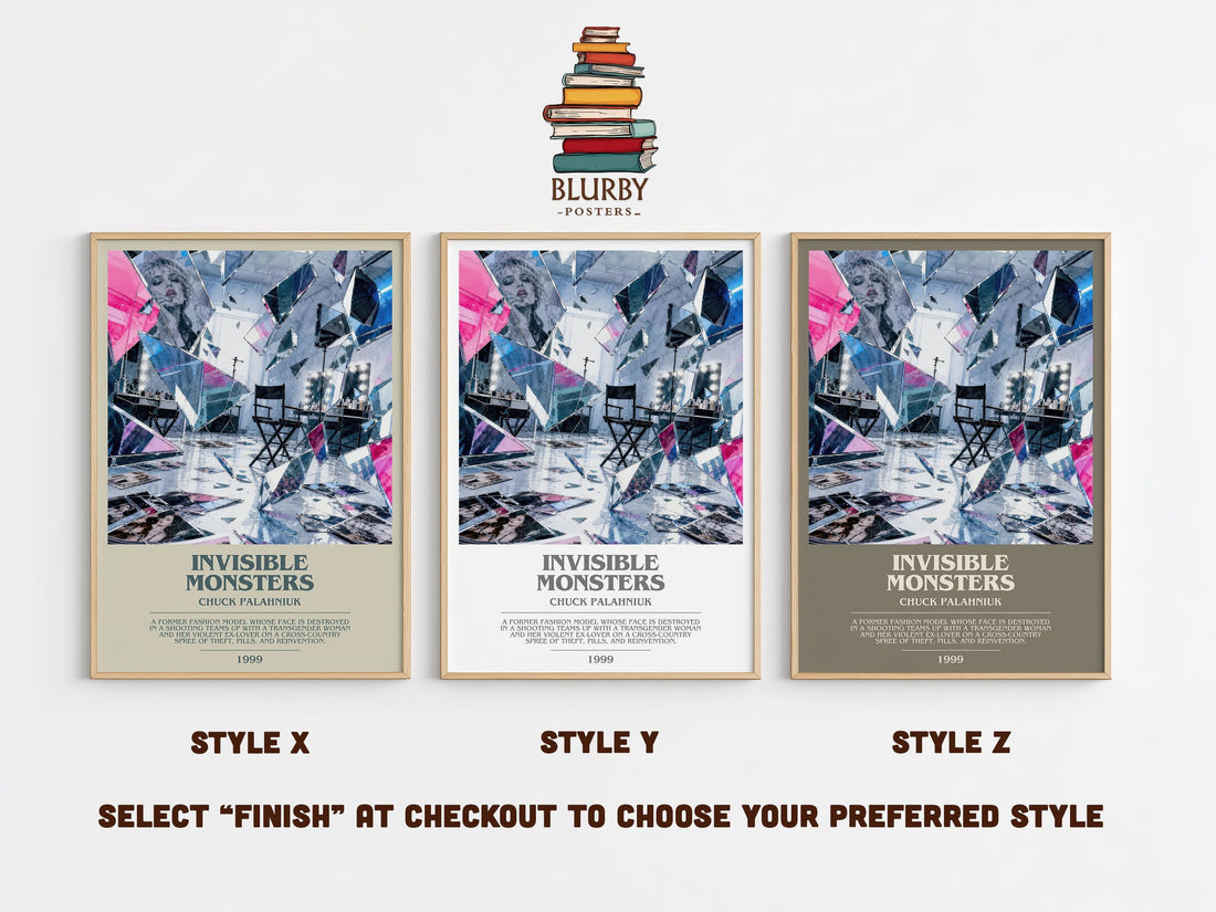 Invisible Monsters bookish print in frame leaning in hallway – contemporary fiction wall art (mockup)