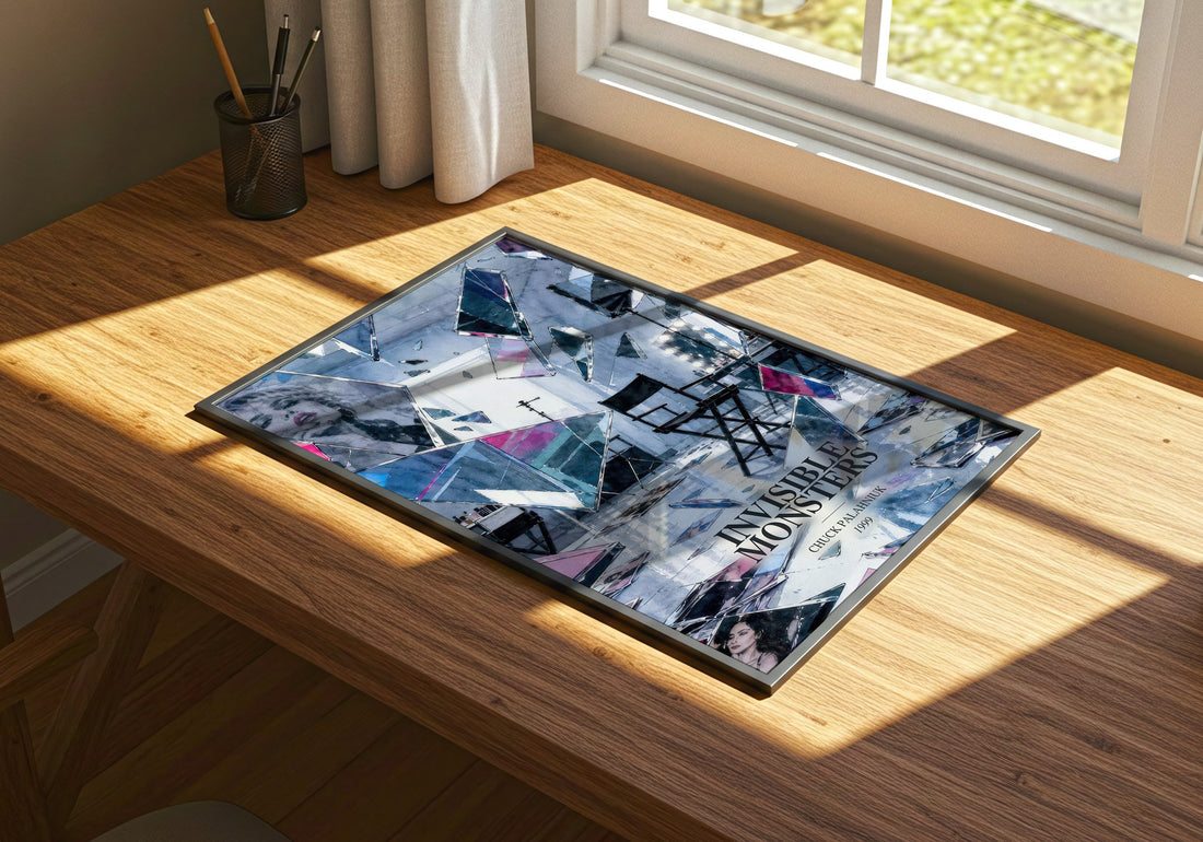 Invisible Monsters watercolour book poster framed on wall – contemporary fiction wall art