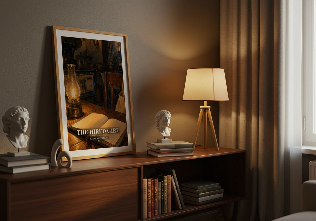 The Hired Girl watercolour print on bookshelf – Laura Amy Schlitz fan gift