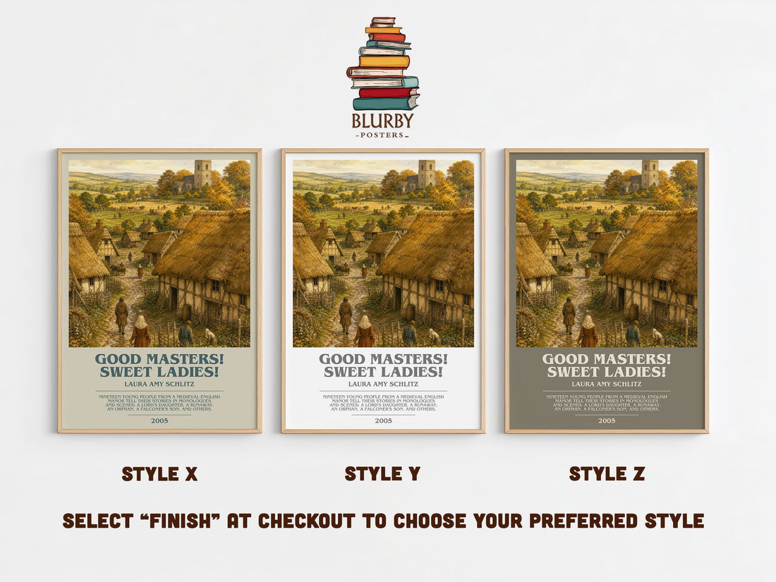 Good Masters! Sweet Ladies! bookish print in frame leaning in hallway – historical fiction wall art (mockup)