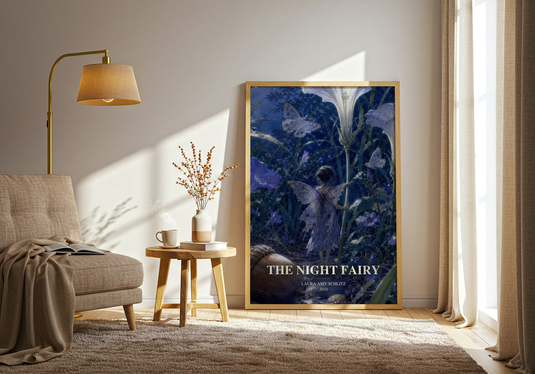 The Night Fairy watercolour print in frame leaning in hallway – childrens wall art