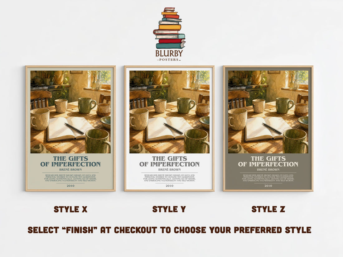 The Gifts of Imperfection bookish print in frame leaning in hallway – non fiction wall art (mockup)