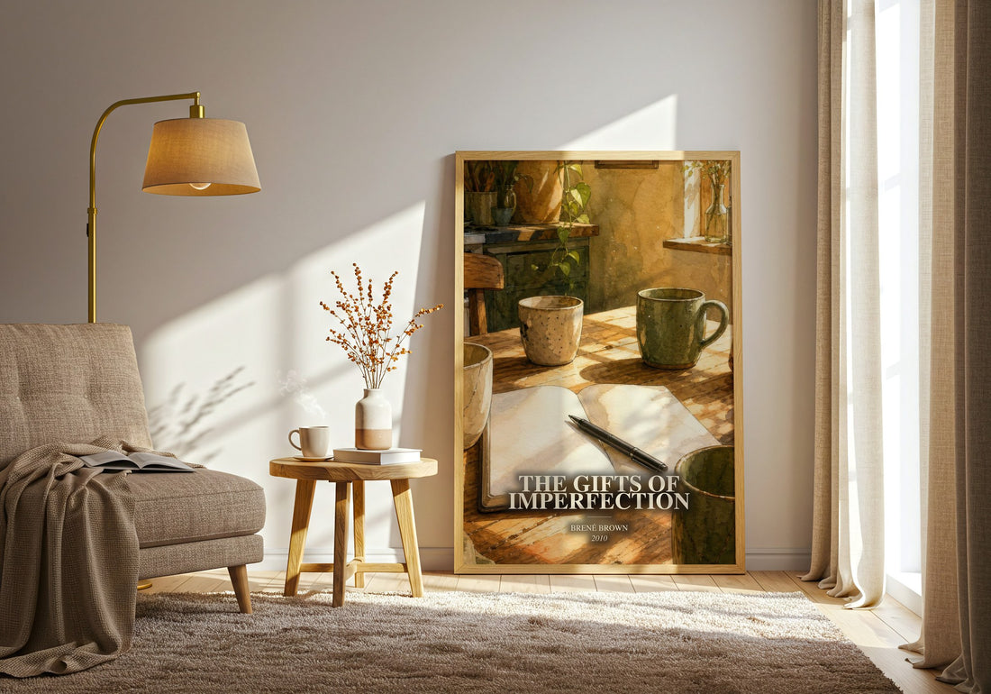 The Gifts of Imperfection watercolour print in frame leaning in hallway – non fiction wall art