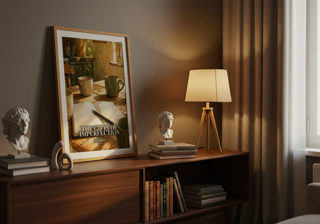 The Gifts of Imperfection watercolour print on bookshelf – Brené Brown fan gift