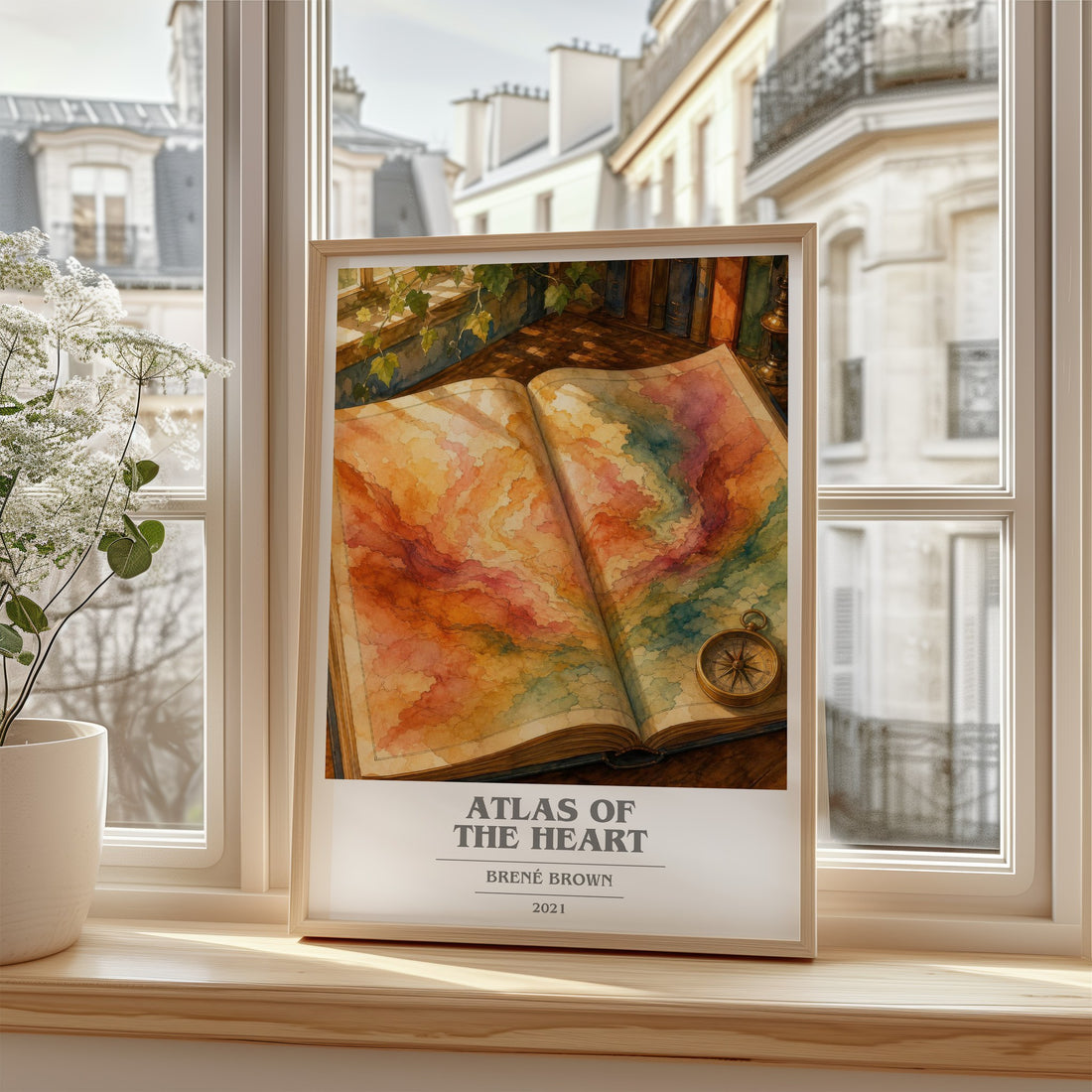 Atlas of the Heart Book Cover Poster by Brené Brown – framed print by a bright window