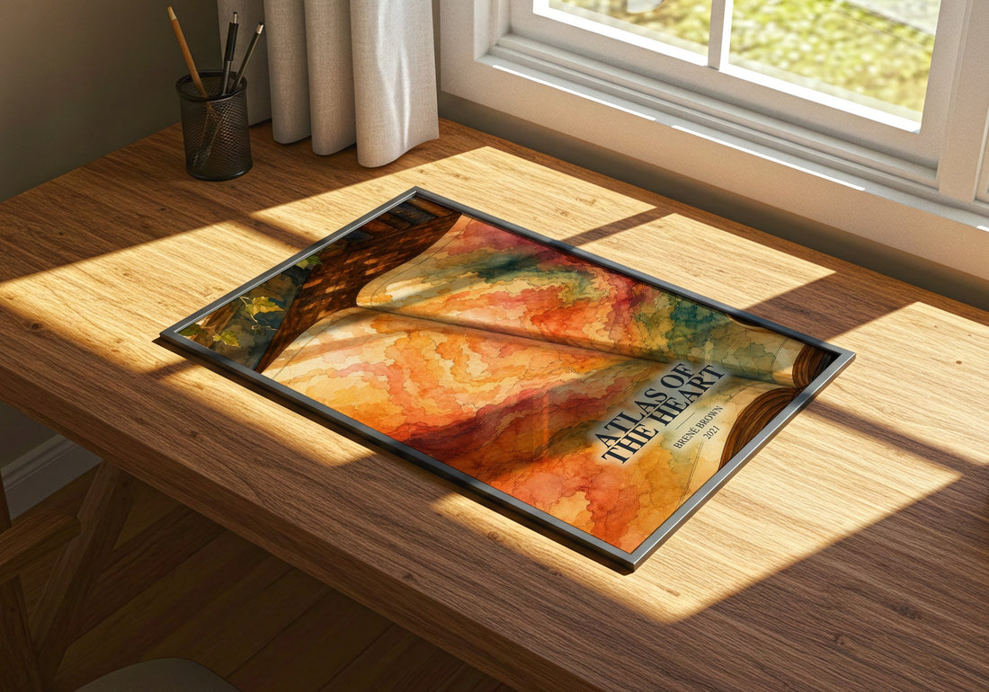 Atlas of the Heart watercolour book poster framed on wall – non fiction wall art