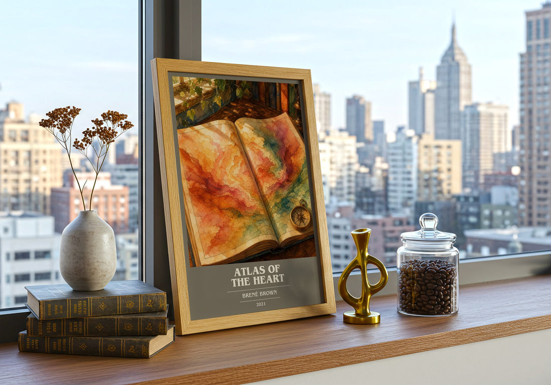 Atlas of the Heart Book Cover Poster by Brené Brown – framed print on a city-view windowsill