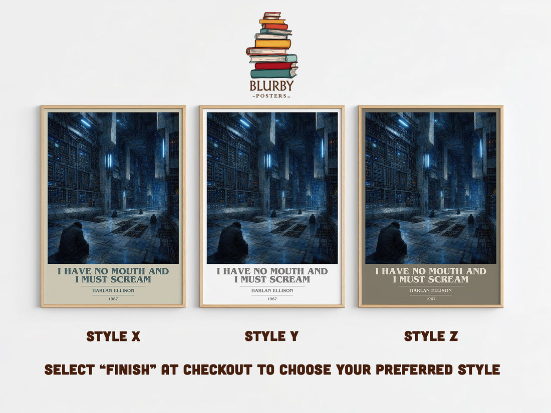 I Have No Mouth and I Must Scream book cover print in frame leaning in hallway – sci fi wall art (mockup)