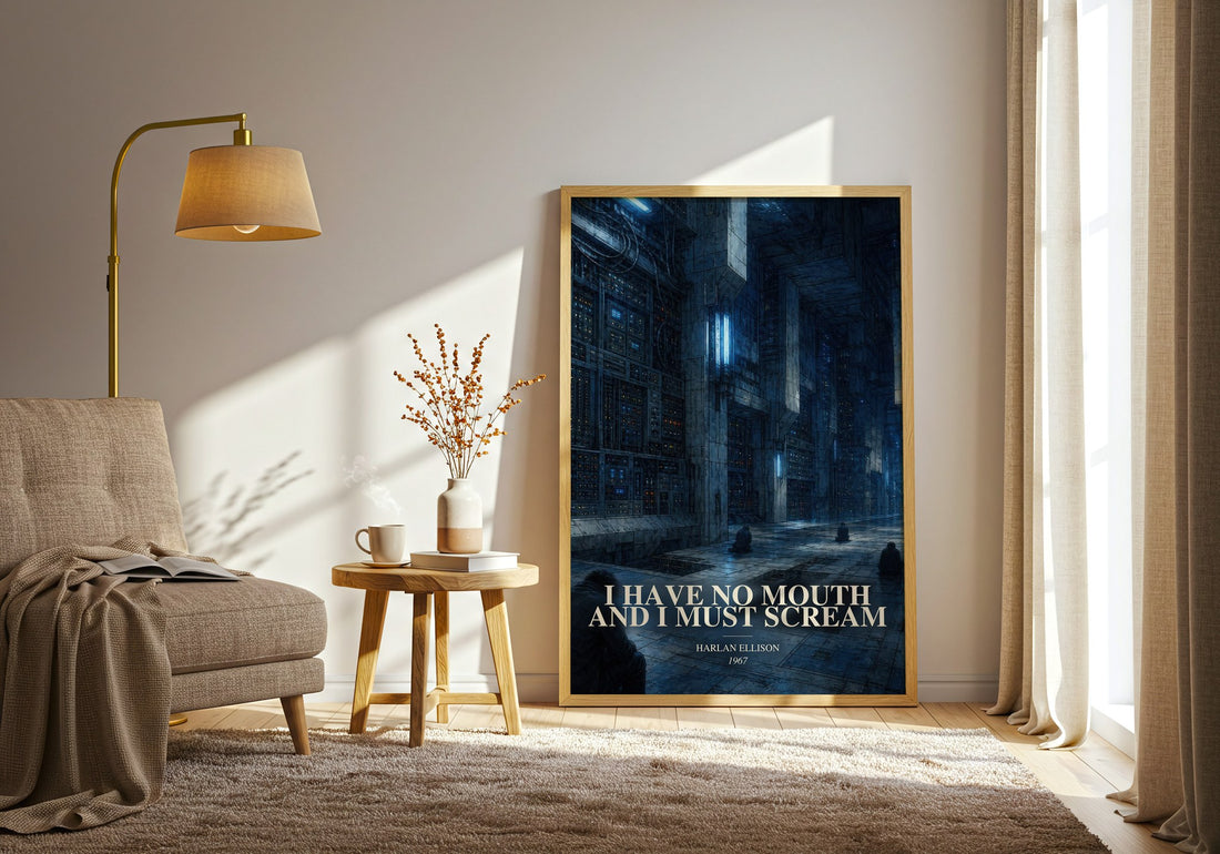 I Have No Mouth and I Must Scream watercolour print in frame leaning in hallway – sci fi wall art